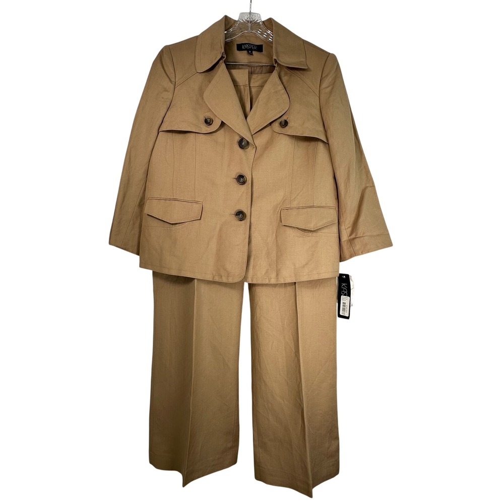 Kasper Suit Womens 18 Caramel Brown Linen Blend Blazer Pant Set Marthas Vineyard